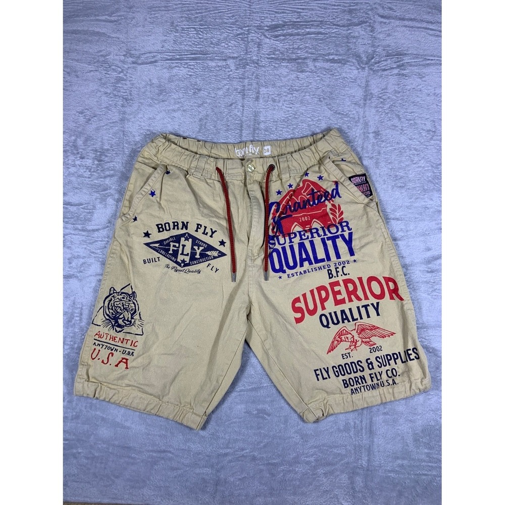 Born Fly Men's Graphic Streetwear Shorts Tan Size 38 Tiger Eagle Superior US 5